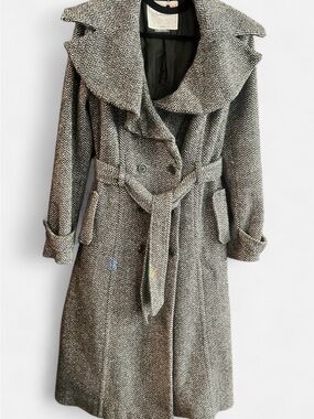 Anthropologie Cartonnier Herringbone Long Belted Trench Coat - Black & White